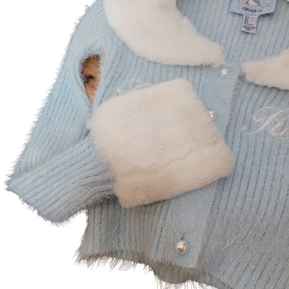 Hello Kitty & Friends X Forever 21 Blue Knit Cardigan W/Faux Fur Collar & Cuff - Picture 6 of 16
